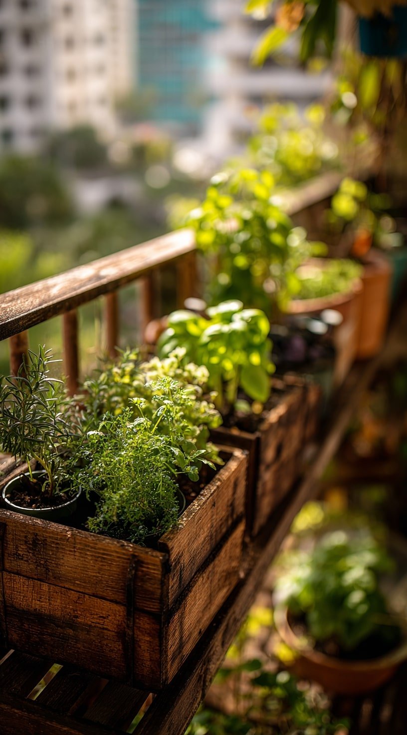 Compact Urban Balcony Herb Garden in Rustic Wooden Crates