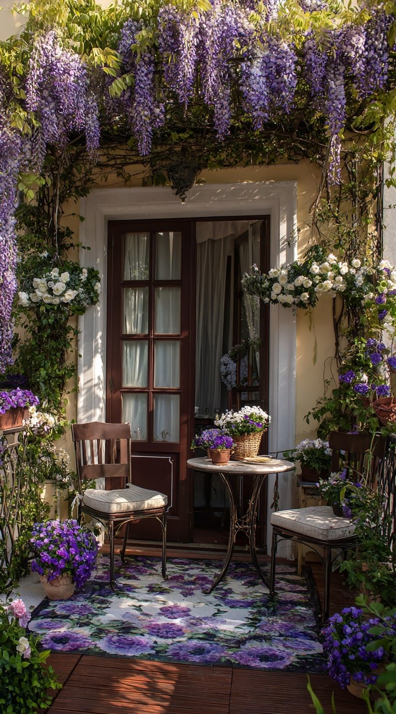 Wisteria-Framed Balcony with Vintage Garden Charm