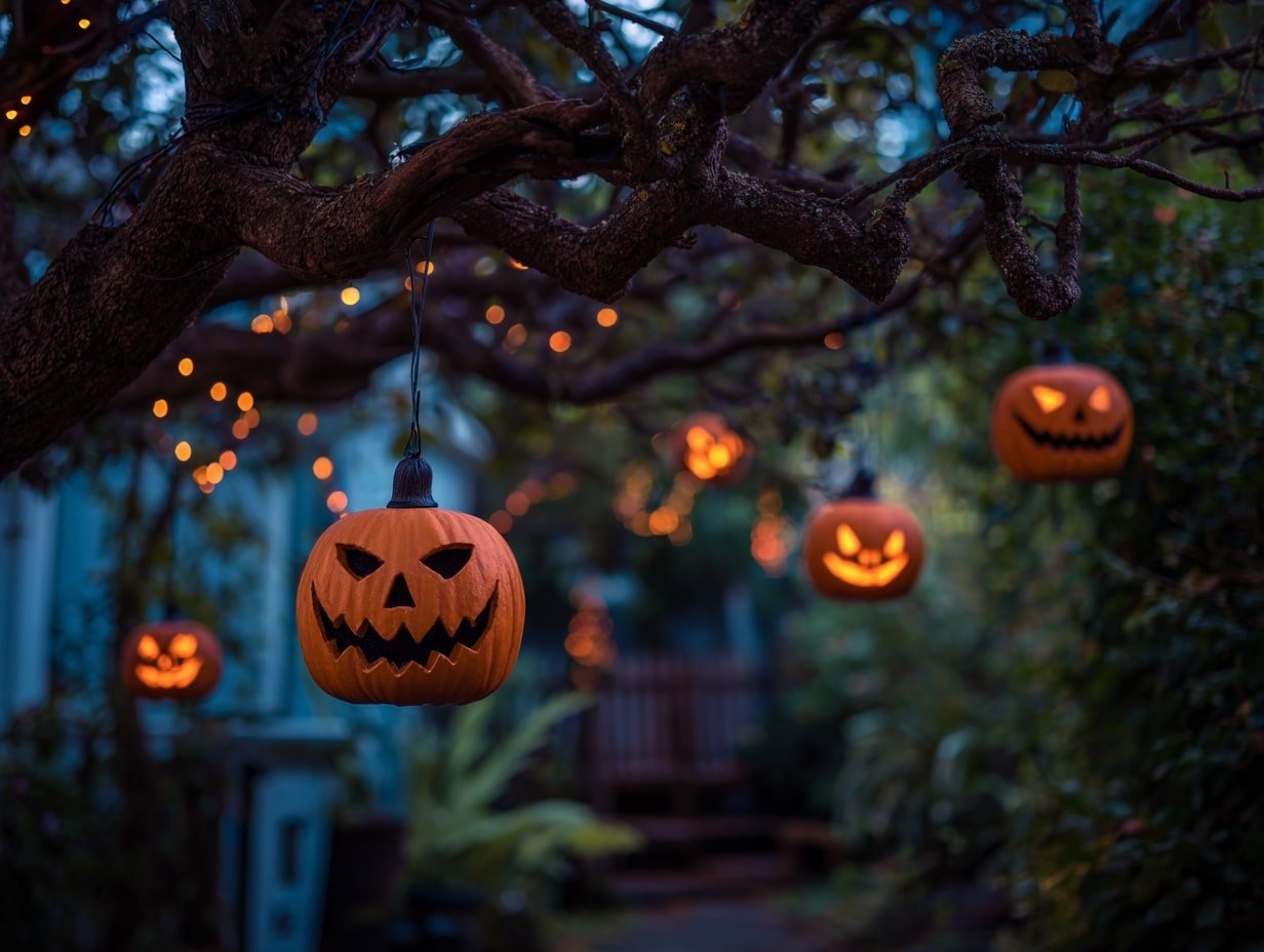 Suspended Jack-o’-Lanterns Under Twilight Canopy
