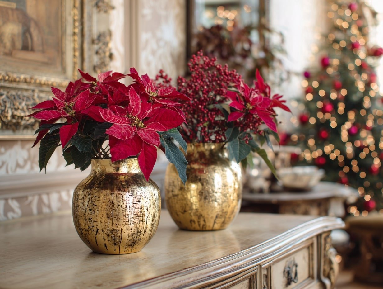Elegant Poinsettias in Gold Vases – A Luxurious Holiday Touch